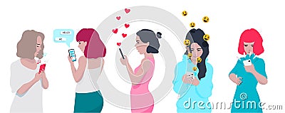 Young girls use phones. Chatting and texting on smartphones. Hearts and smiling face emoji coming out from phone. Vector Illustration