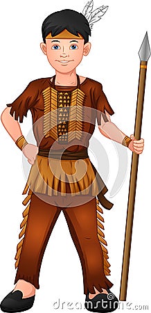 Boy wearing american indian costume and holding spear Vector Illustration