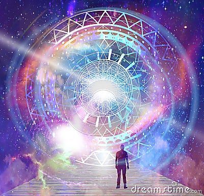 Flower of life symbol, portal, life soul journey through abstract Universe doorway Stock Photo