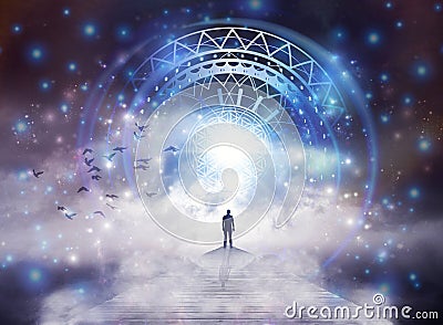 Flower of life symbol, portal, life soul journey through abstract Universe doorway Stock Photo