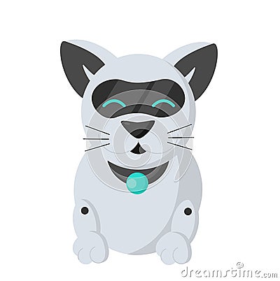 Cute robot cat lies in rest mode and purrs. Technological robot measuring animal habits. Stock Photo