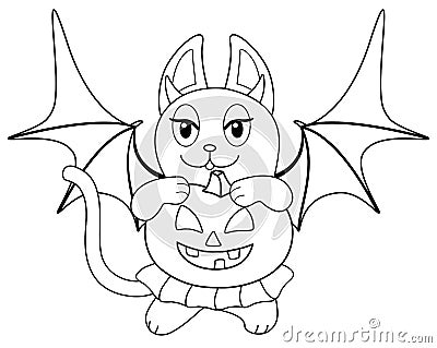 Cat girl in a bat costume and a skirt with a pumpkin in her paws - vector linear picture for coloring. Halloween picture of a cat Vector Illustration