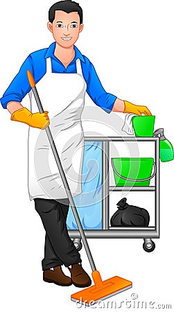 Cleaning worker posing and holding cleaning tool Vector Illustration