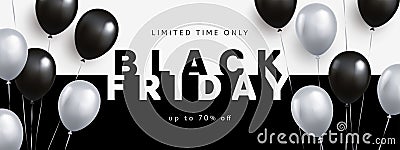 Black Friday Sale banner, poster or flyer design with 3d realistic helium balloons. Trendy minimal design template Vector Illustration