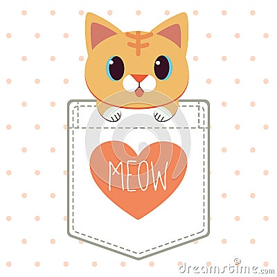 The character of cute cat in the pocket of shirt in flat vector style. Vector Illustration
