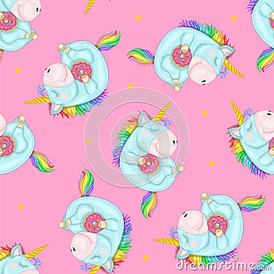 Cute bright sleeping rainbow unicorn creature with donut seamless pattern template. Colorful cartoon vector illustration Vector Illustration