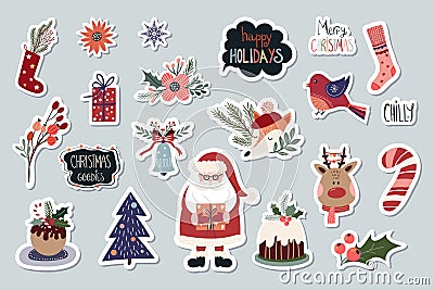 Christmas stickers collection with cute seasonal elements, isolated Vector Illustration
