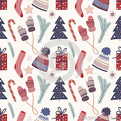 Winter seamless pattern with cute elements, cozy clothes, candies, pine branches and gift boxes Vector Illustration