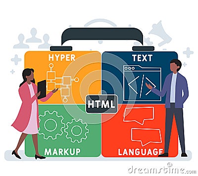 Flat design with people. HTML - hyper text markup language acronym. Vector Illustration