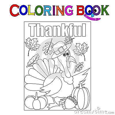 Coloring Page. Black and white illustrated thanksgiving scene. Vector Illustration