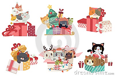 The collection of cute cat playing a gift box in flat vector style Vector Illustration