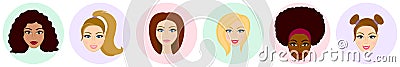 Women avatar set. Lady`s haircuts set: short, wavy, ponytail Vector Illustration