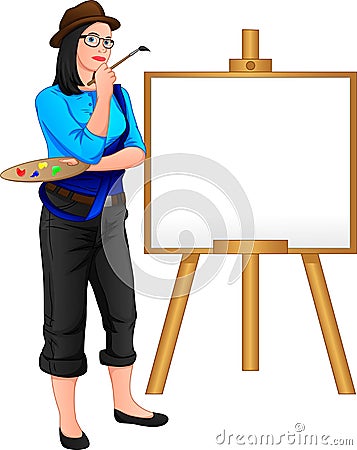 Painter girl posing in front of the canvas Vector Illustration