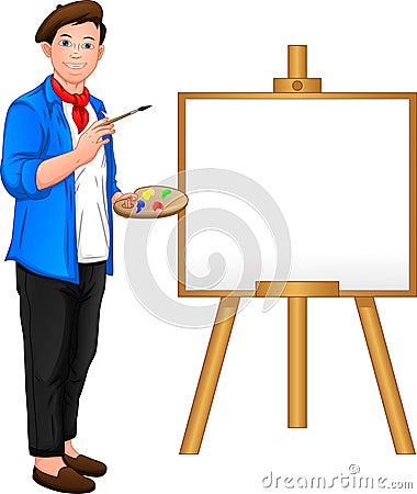 Painter boy posing in front of the canvas Vector Illustration