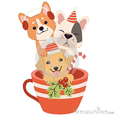 The character of cute dog and friends in the cup in christmas theme. Vector Illustration