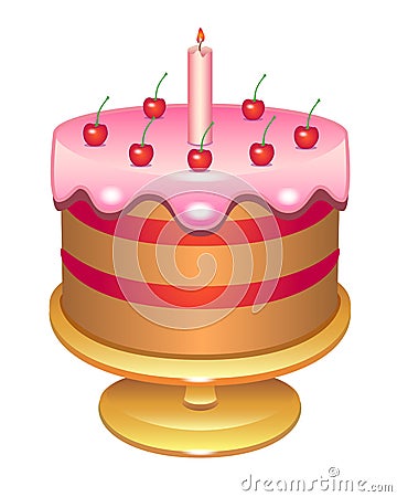 Cherry cake with a candle covered with icing. Birthday cake on a platter - vector full color illustration. Glazed cake decorated w Vector Illustration