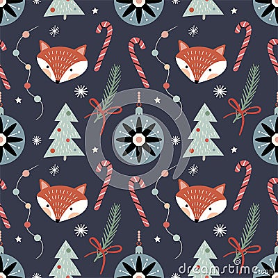 Winter decorative seamless pattern with cute foxes Vector Illustration