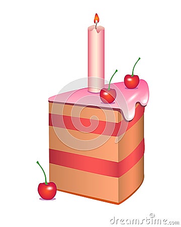 The cake is cut. Slice of cherry cake with cherries, icing and a candle - holiday sweets - vector full color illustration. Traditi Vector Illustration