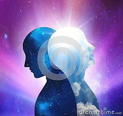 Human male, female bodies, Universe Inspiration Enlightenment Unity consciousness, Yin Yang, twin flames, cosmic lovers Stock Photo