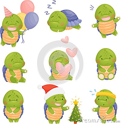 Character set. Turtle in a festive cap with balls, asleep, with hearts, near the Christmas tree, goes in for sports, has fun. Vector Illustration