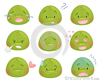 Set of cute cartoon character. The turtle smiles, laughs, cute, wonders, is in love, cries, sobs, gets angry. Around the stars Vector Illustration