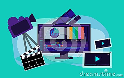 Video production vector illustration, film editing monitor Vector Illustration
