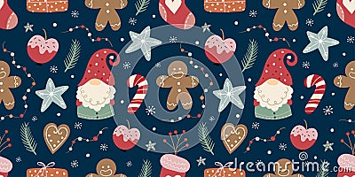 Christmas seamless pattern with gnomes, gingerbread and candies Vector Illustration