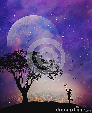 Spiritual release, inner child,dreams,hope, wishes, child catching a bird, faith, destiny, full moon, night sky, nature background Stock Photo