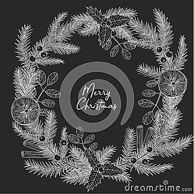 Wreath for New Year.A tree twig, needles, pine, berry, holly, cotoneaster, cinnamon, orange, lemon. Merry christmas lettering. Vector Illustration