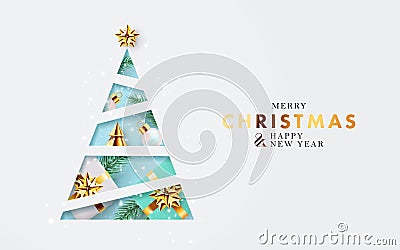 Xmas modern design with paper cut Christmas tree and realistic traditional decor elements. Christmas card, poster, banner, cover Vector Illustration