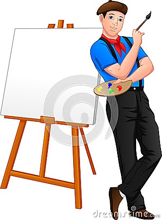 Painter posing in front of the canvas Vector Illustration
