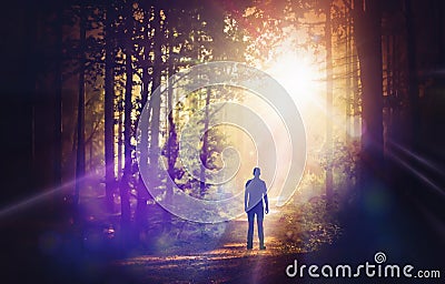 Man silhouette walking up path towards the sun light magic forest Cartoon Illustration