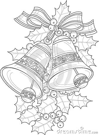 Realistic decorative bells with Christmas berry and leafs sketch template. Vector Illustration