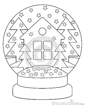 Snow globe with a house and trees - coloring antistress vector linear picture for coloring. Outline. Snow globe with stars, snowfl Vector Illustration