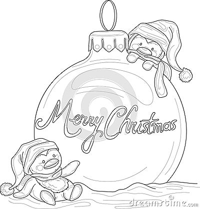 Cartoon cute penguin kids in hats and scarfs with decoration ball sketch template. Vector Illustration