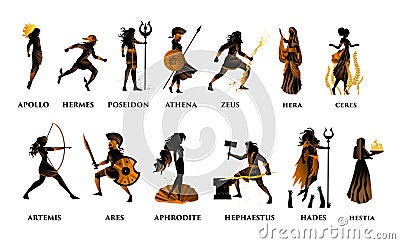 Greek mythology orange and black figures olympus gods Vector Illustration