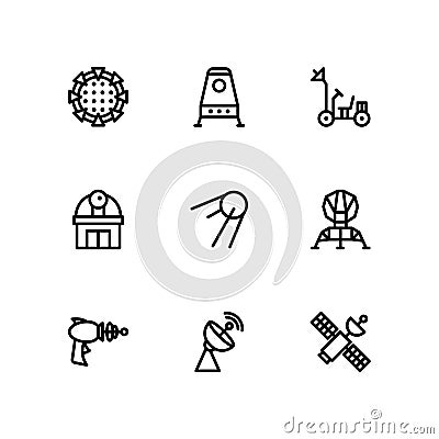 Space icon set on white background. Contains icons such as Observatory, Laser Gun, Satellite, and more Vector Illustration