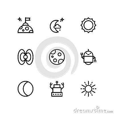 Space icon set on white background. Contains icons such as Conquer, Moon, Sun, and more Vector Illustration