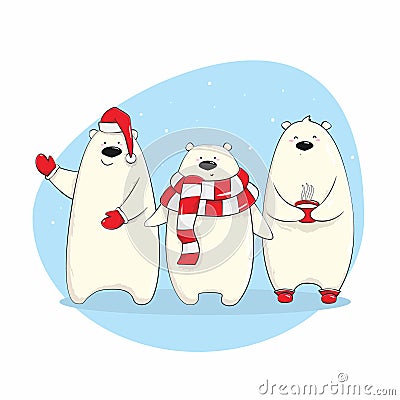 Christmas children`s illustration cute bears winter brown white red Vector Illustration