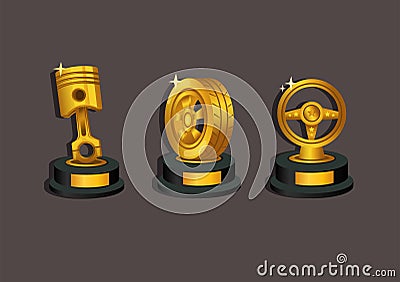 Golden thropy award in piston, wheel and steer symbol for automotive racing symbol icon set concept illustration vector Vector Illustration