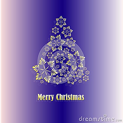 Greeting card 2021. Golden Christmas tree made of snowflakes on a blue background with the wish `Merry Christmas`. Stock Photo
