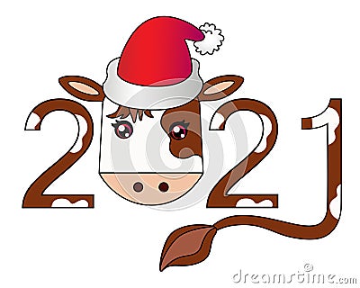 2021 - year of the bull - vector full color illustration. The year and the spotted calf in a red santa claus hat is a symbol of th Vector Illustration