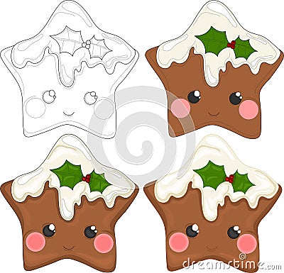 Cartoon colorful cute gingerbread star with mistletoe sketch template set. Vector Illustration