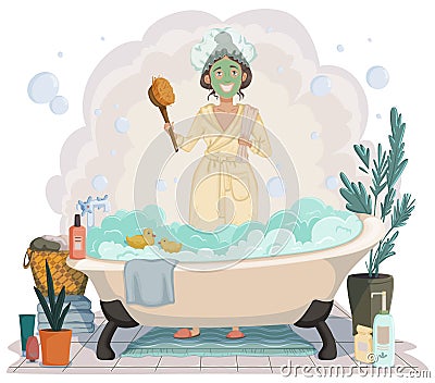 Young woman going to take bath. Girl wears white bathrobes and towel in hands standing in the bathroom near bath full of foam. Bea Vector Illustration