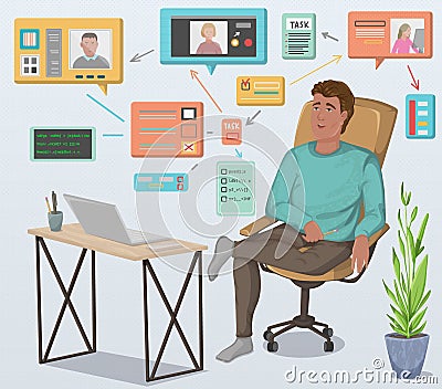 Programmer working remotely with laptop sitting at table and holds a meeting with other employees. Distant work with freelancers. Vector Illustration