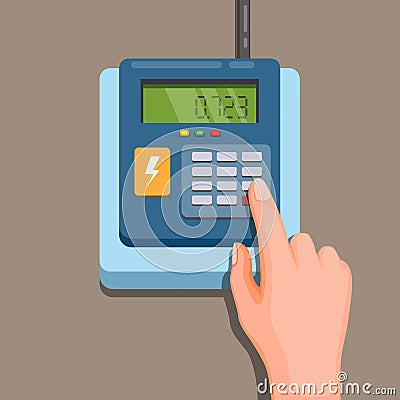 Electricity token. hand insert code to top up electricity house concept in cartoon illustration vector Vector Illustration