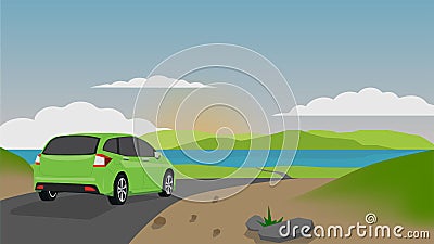 Green cars drive on the asphalt road towards the sights of the sea. Vector Illustration