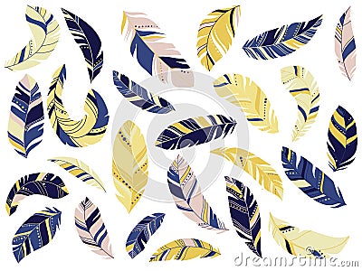 Feather blue and yellow silhouette set. Vector Illustration