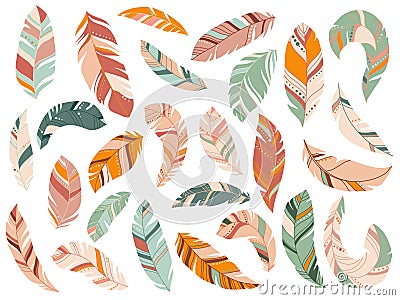 Tribal Feathers Mint, Coral, Navy and Yellow Gold Vector Set. Vector Illustration