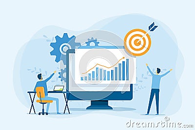 Business people analytics and monitoring on financial investment report dashboard monitor concept and vector illustration design f Vector Illustration